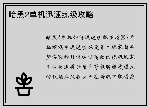 暗黑2单机迅速练级攻略