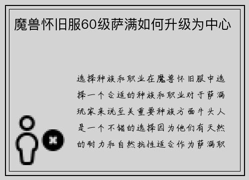魔兽怀旧服60级萨满如何升级为中心