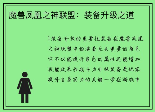 魔兽凤凰之神联盟：装备升级之道